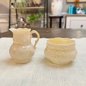 Belleek Made in Ireland Vintage Yellow Bow Accent Creamer & Open Sugar‎ Bowl Set